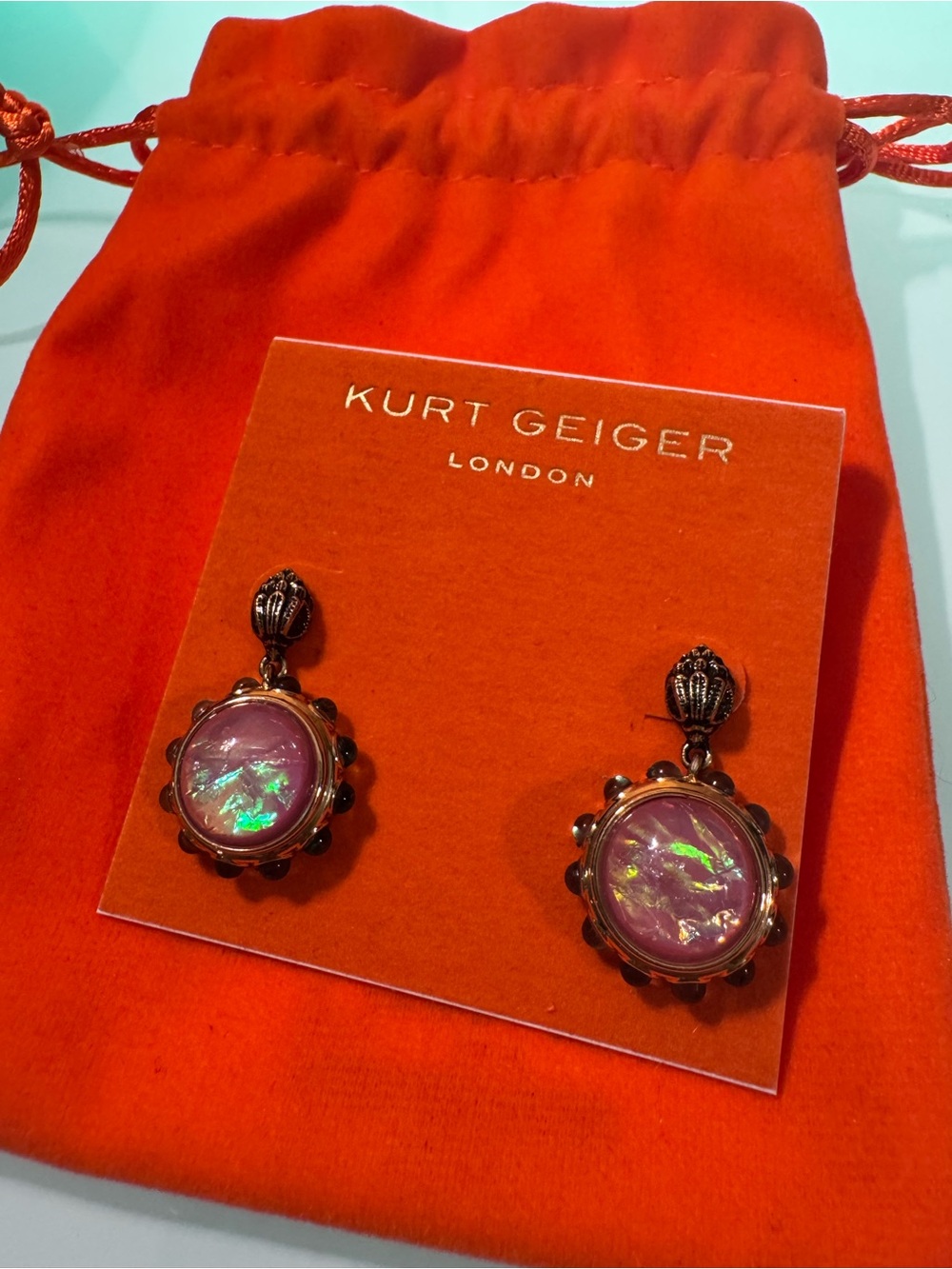 NWT Kurt Geiger Pink Opalescent Drop Earrings Signature Logo Eagle Head & Dusty